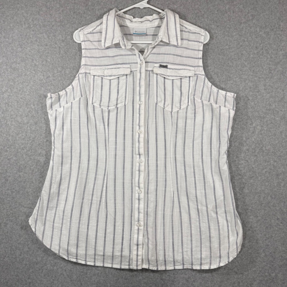 Columbia Sleeveless Button Down Shirt Womens XXL White Blue Striped Cotton Top